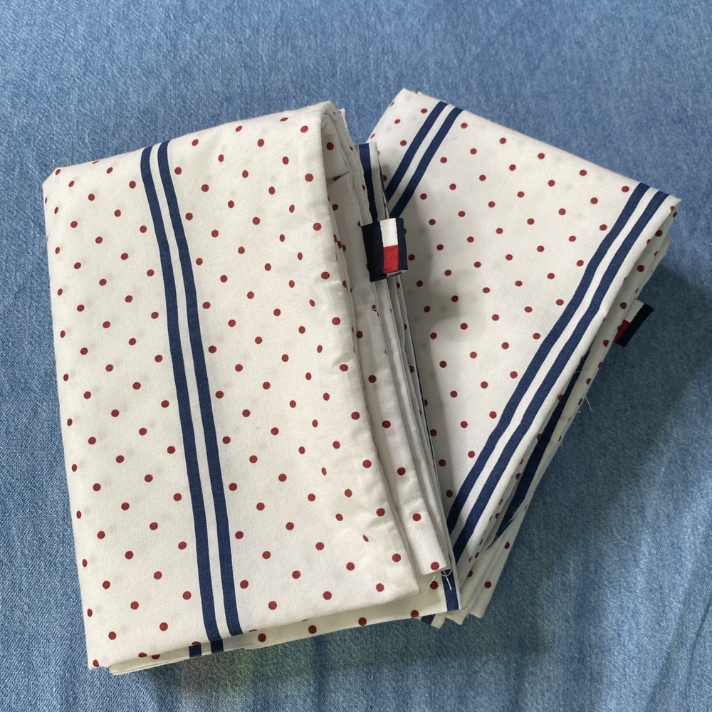 2-Tommy Hilfiger Blue Stipes Red Dots Cotton /Poly Blend Standard Pillowcases